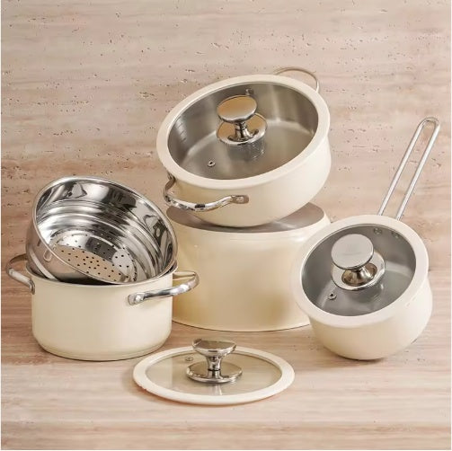 9PCS Stainless Steel Ceramic Cookware Set – Non-Stick Pots & Pans with Steamer