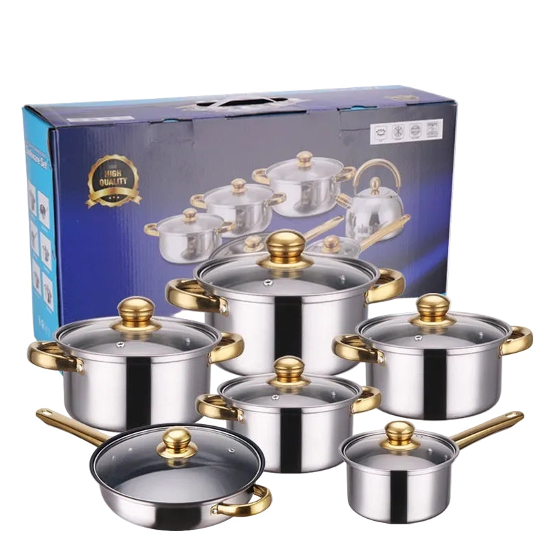 Set of stainless steel cookware with gold handles in front of a box displaying the product.