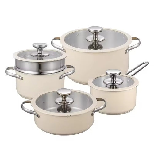 9PCS Stainless Steel Ceramic Cookware Set – Non-Stick Pots & Pans with Steamer